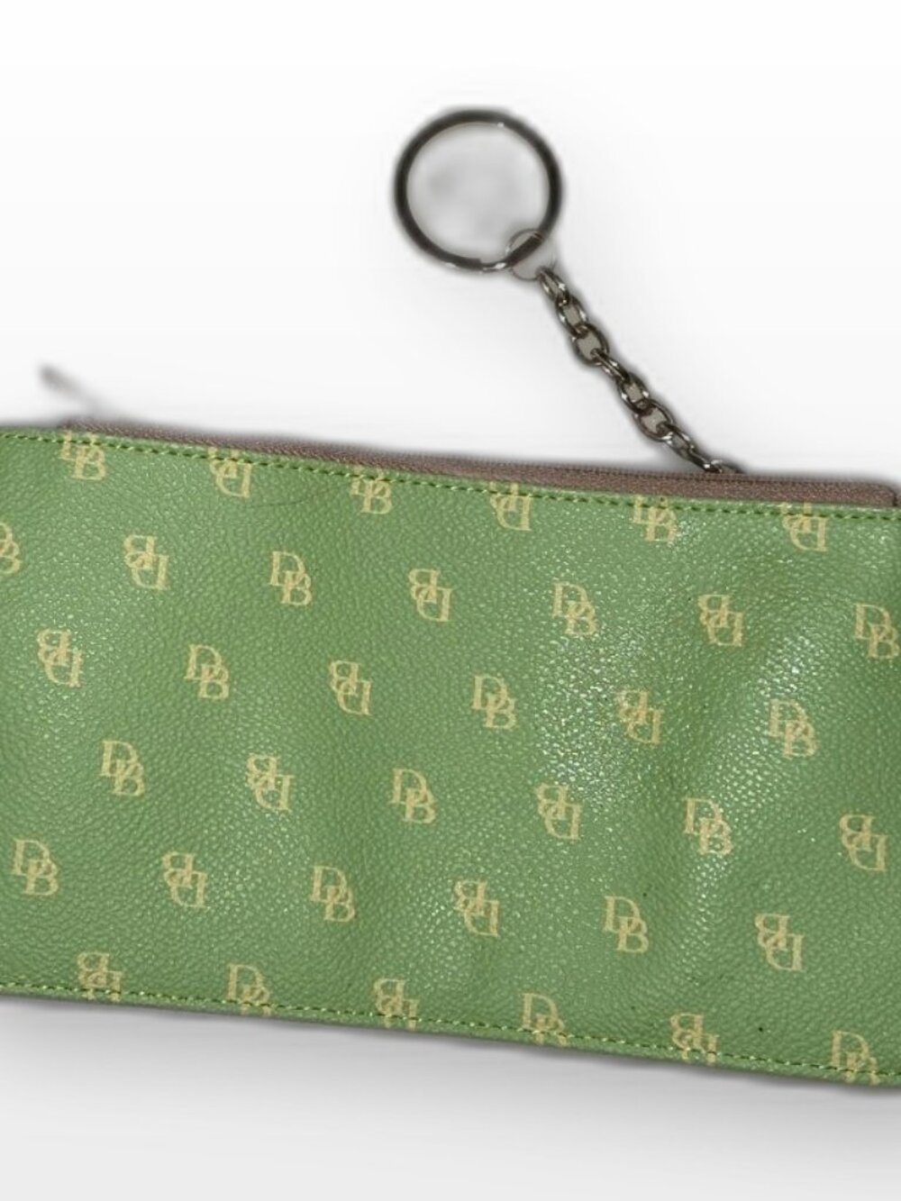 Dooney & Bourke Green Monogram Wristlet Tan Leather Strap Key Chain